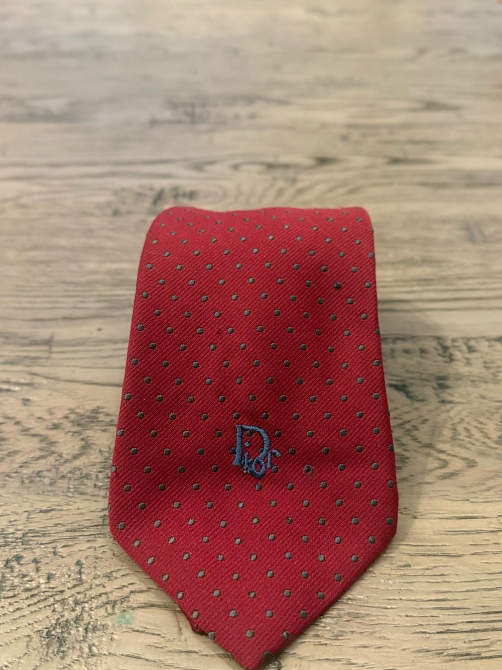 Dior Red Silk Tie with Small Gray Dot Pattern